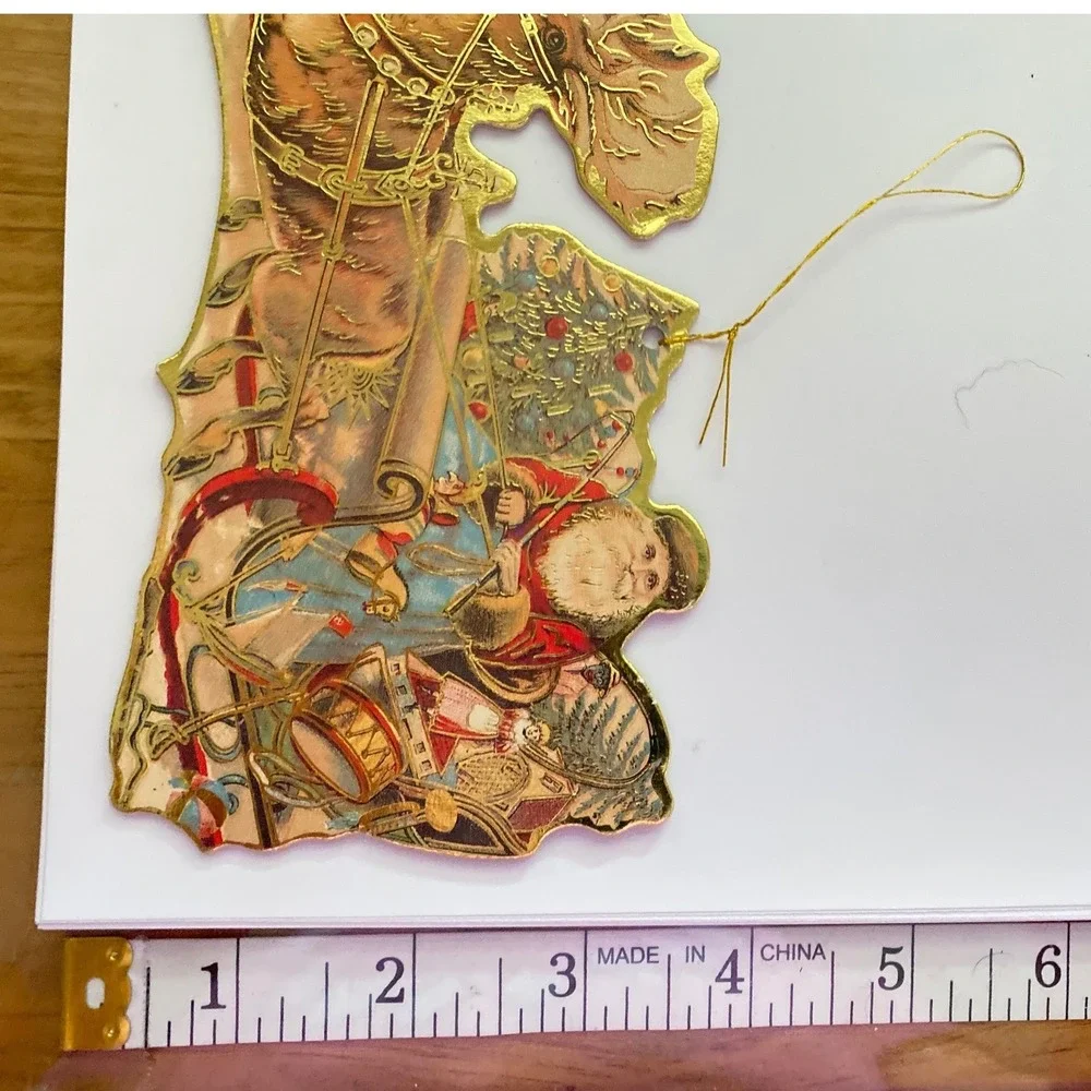 Vintage Style Die Cut‎ Cardboard Santa Claus Christmas Ornaments Gold Foil Set 2